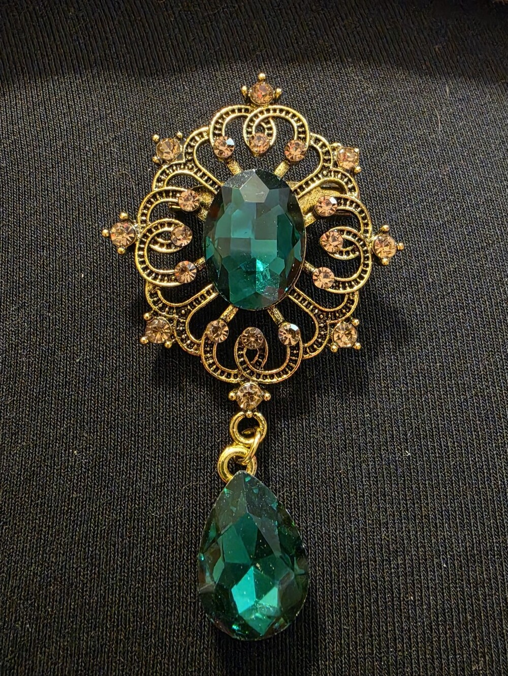 Gold Filigree Brooch with Emerald Green Crystal Drop - Women's Jewelry